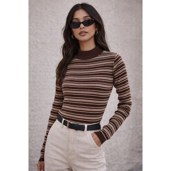 The Slope Tops - The Slope Ribbed Mock Neck Sweater Brown & Tan Striped | Size Small | EUC